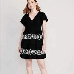 OLD NAVY Women’s Sz XXL Matching Embroidered Mini Swing Dress Black White Boho